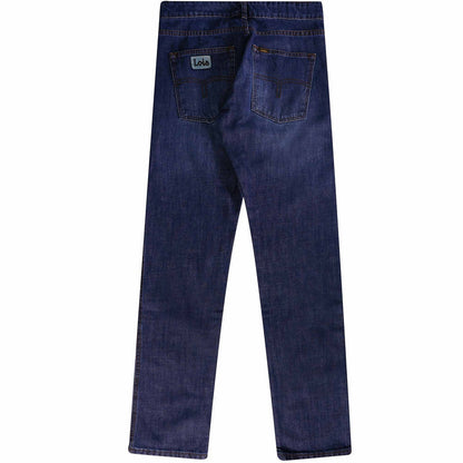 Rear view of men's dark blue jeans, showing both back pockets and the brand label.