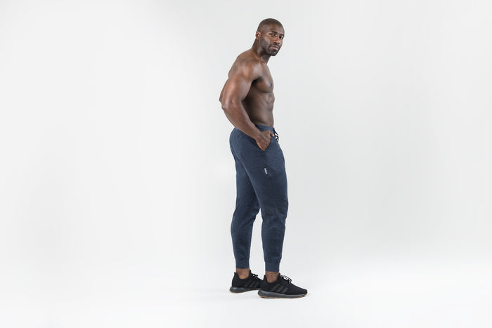 The REP Fitness Men's Apollo Joggers in Heather Navy front, side profile