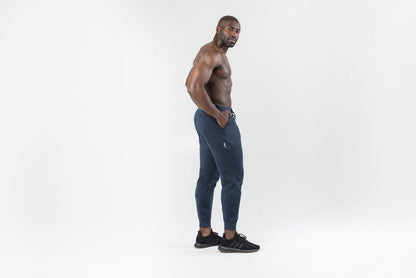 The REP Fitness Men's Apollo Joggers in Heather Navy front, side profile