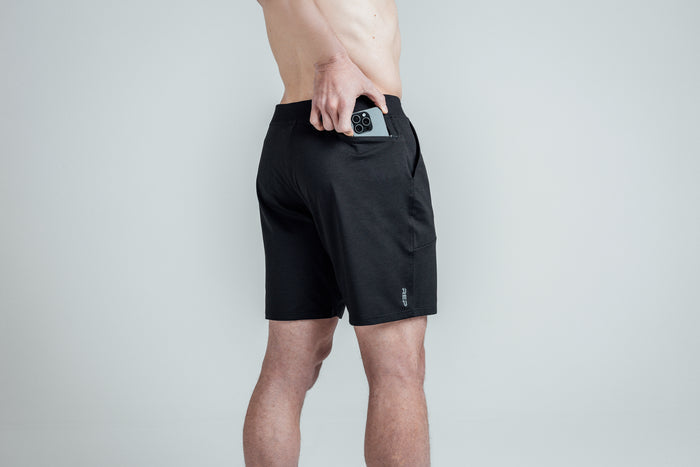The REP Fitness Men's Apollo Shorts in Heather Black/Cool Gray back, pocket close-up