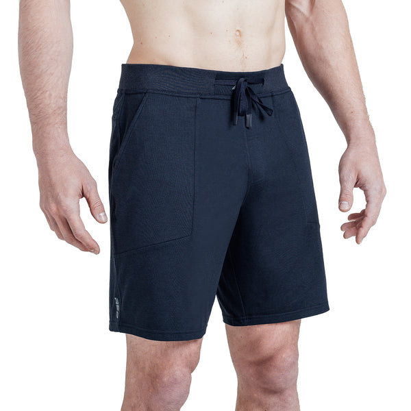 The REP Fitness Men's Apollo Shorts in Heather Navy/Cool Gray front, studio shot