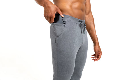 The REP Fitness Men's Attis Joggers in Heather Cool Gray front, pocket detail