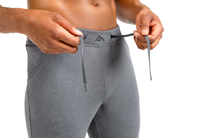 The REP Fitness Men's Attis Joggers in Heather Cool Gray front, drawstring detail