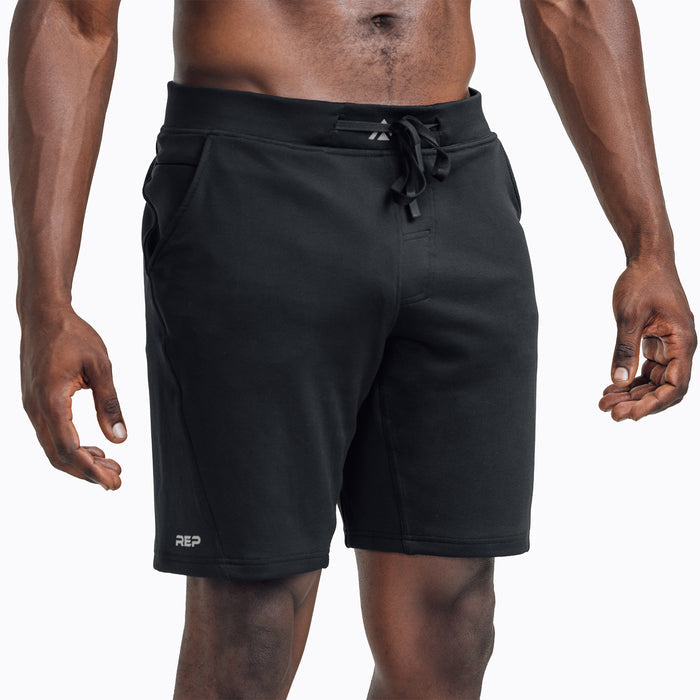 The REP Fitness Men's Attis Shorts in Heather Black on body