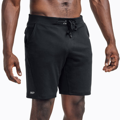 The REP Fitness Men's Attis Shorts in Heather Black on body