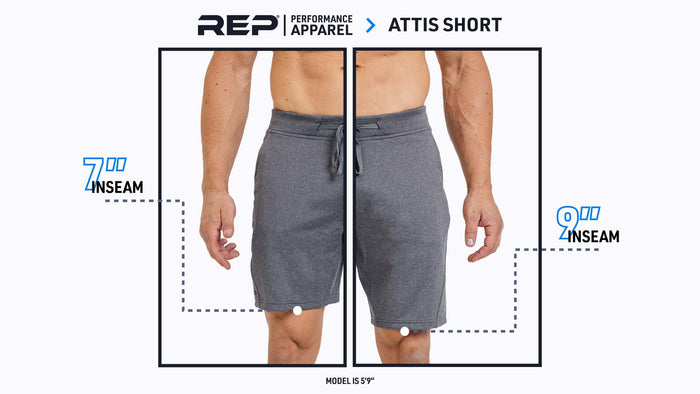 The REP Fitness Men's Attis Shorts in Heather Cool Gray on body, length comparison