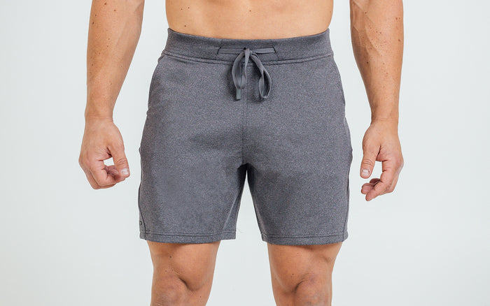 The REP Fitness Men's Attis Shorts in Heather Cool Gray on body