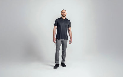 The REP Fitness Men's Audax Performance Polo in Heather Black/Cool Gray front