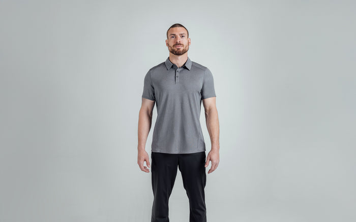 The REP Fitness Men's Audax Performance Polo in Heather Cool Gray/Black front