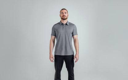 The REP Fitness Men's Audax Performance Polo in Heather Cool Gray/Black front