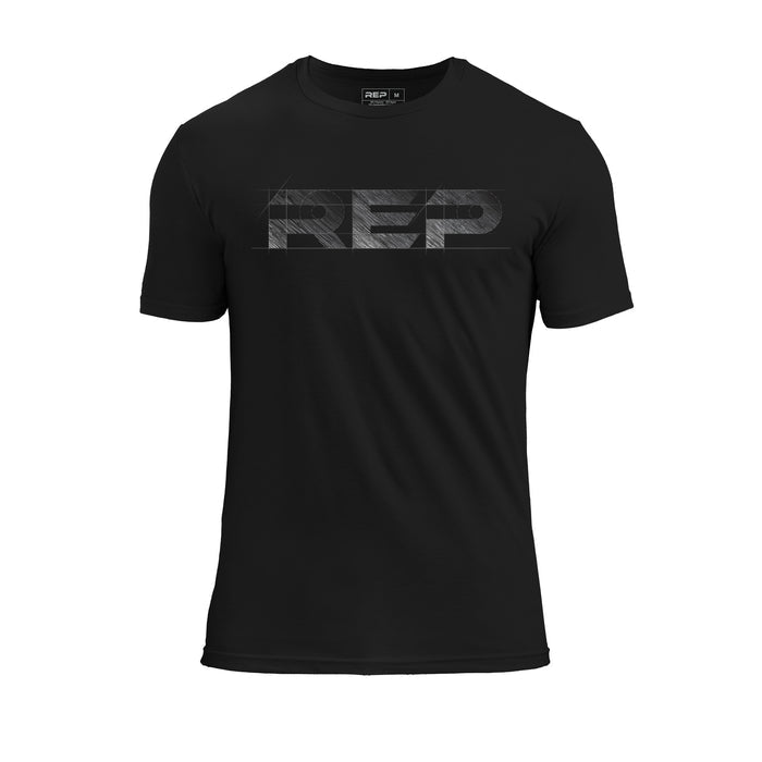 The REP Fitness Men's Blueprint Tri-Blend Crew T-shirt in Heather Black/White front, flat shot