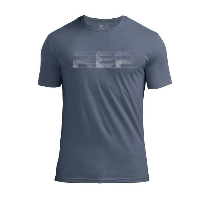 The REP Fitness Men's Blueprint Tri-Blend Crew T-shirt in Heather Navy/White front