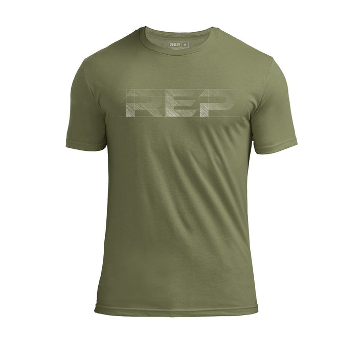The REP Fitness Men's Blueprint Tri-Blend Crew T-shirt in Heather Olive/White front