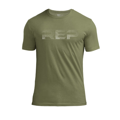 The REP Fitness Men's Blueprint Tri-Blend Crew T-shirt in Heather Olive/White front
