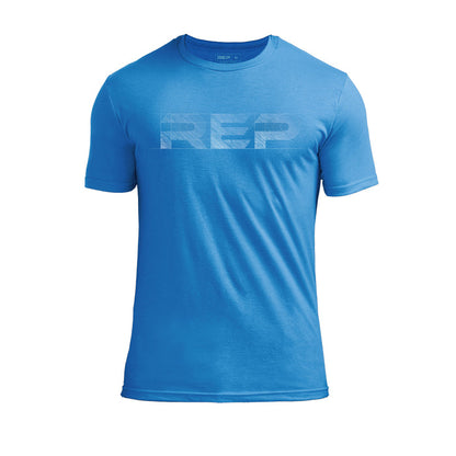 The REP Fitness Men's Blueprint Tri-Blend Crew T-shirt in Heather Royal/White front, flat shot