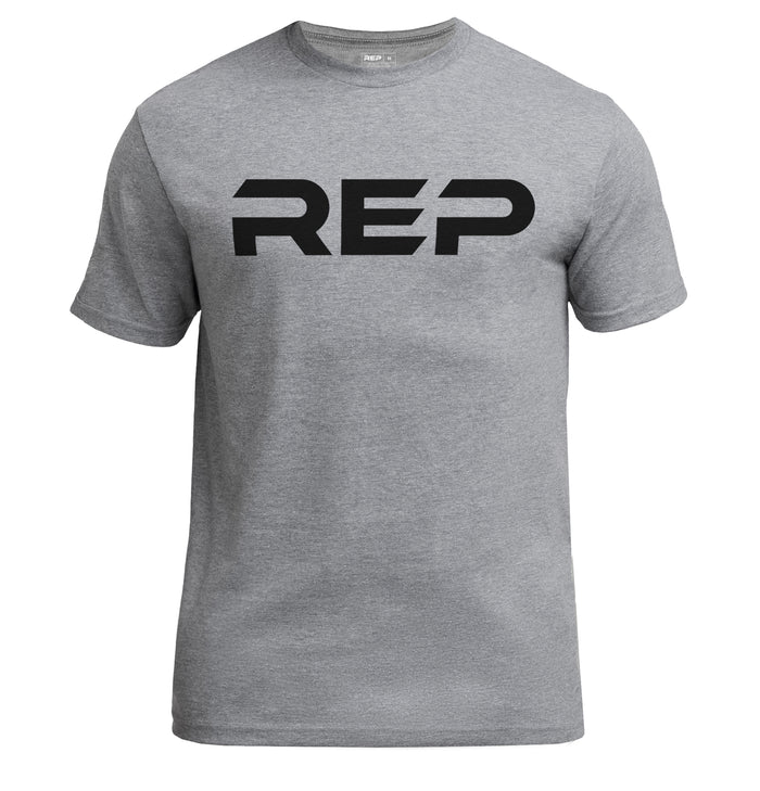 The REP Fitness Men's Bulk Up Heavyweight Crew T-Shirt in Heather Gray/Black front, flat lay