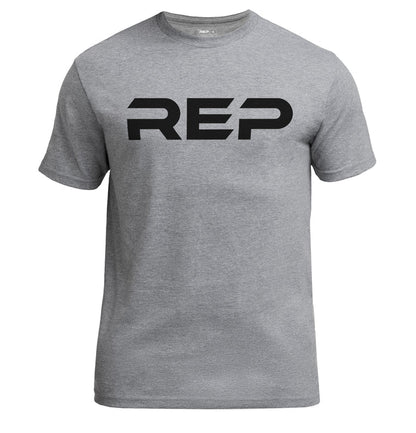 The REP Fitness Men's Bulk Up Heavyweight Crew T-Shirt in Heather Gray/Black front, flat lay