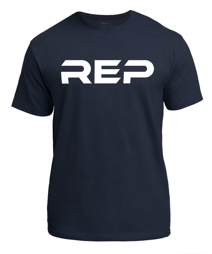 The REP Fitness Men's Bulk Up Heavyweight Crew T-Shirt in Navy/White front