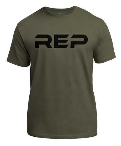 The REP Fitness Men's Bulk Up Heavyweight Crew T-Shirt in Olive/Black front, flat lay