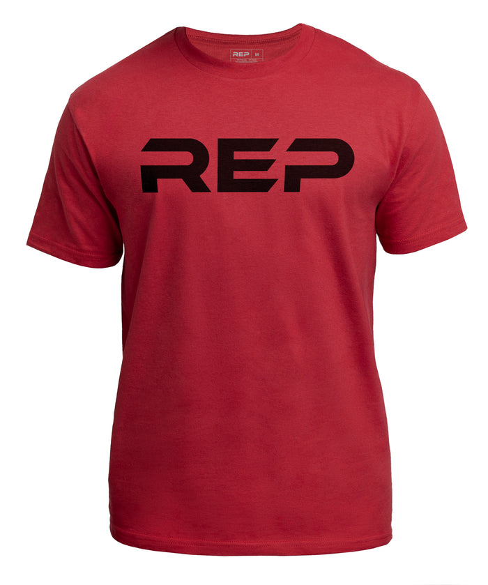The REP Fitness Men's Bulk Up Heavyweight Crew T-Shirt in Red/Black front, flat lay