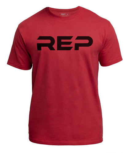 The REP Fitness Men's Bulk Up Heavyweight Crew T-Shirt in Red/Black front, flat lay