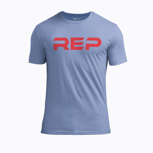 The REP Fitness Men's Daily Driver 2.0 Tri-Blend Crew T-Shirt in Heather Blue/Red front