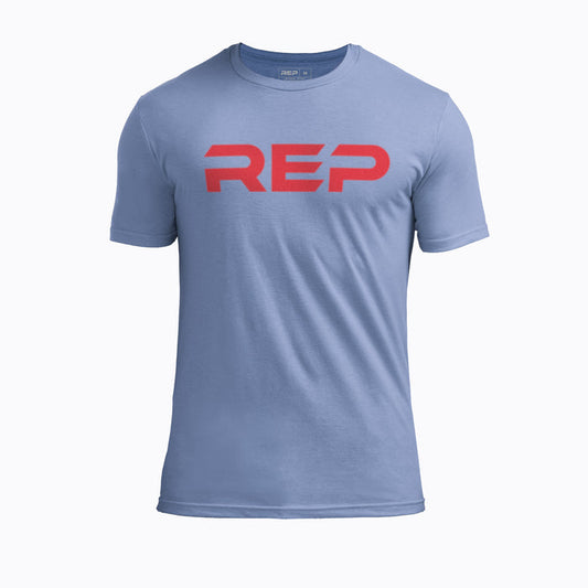 The REP Fitness Men's Daily Driver 2.0 Tri-Blend Crew T-Shirt in Heather Blue/Red front
