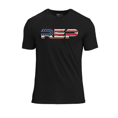 The REP Fitness Men's Daily Driver 2.0 USA Tri-Blend Crew T-Shirt in Heather Black/White front, flat lay