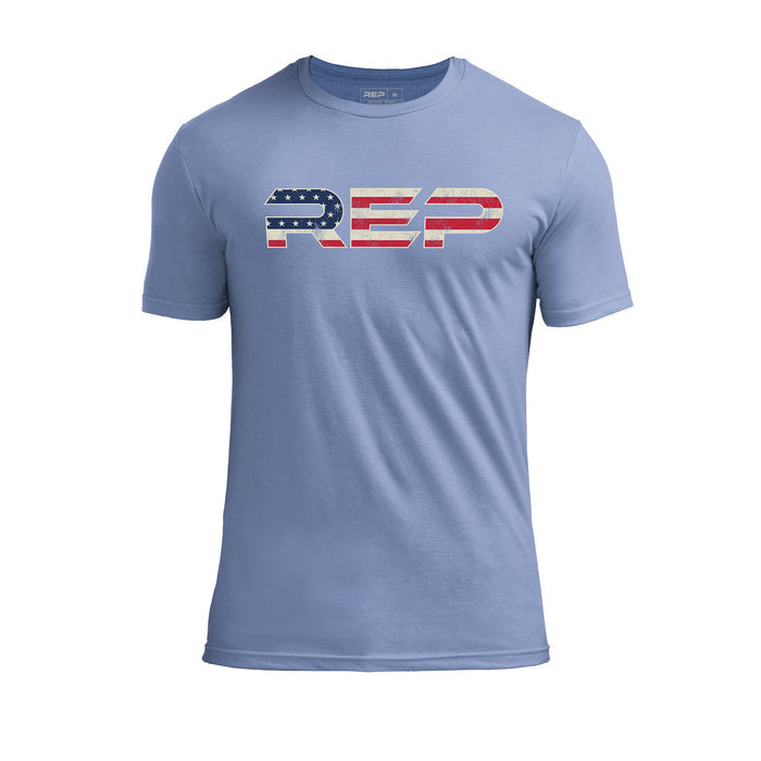 The REP Fitness Men's Daily Driver 2.0 USA Tri-Blend Crew T-Shirt in Heather Blue/White front