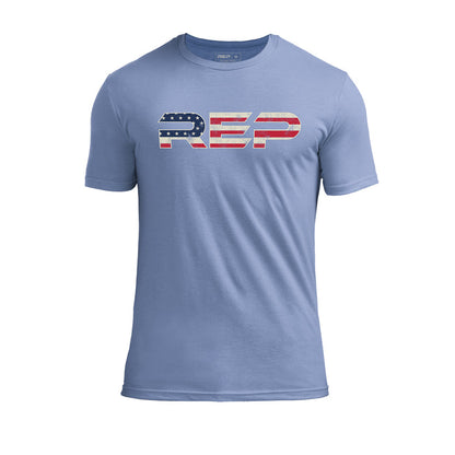 The REP Fitness Men's Daily Driver 2.0 USA Tri-Blend Crew T-Shirt in Heather Blue/White front