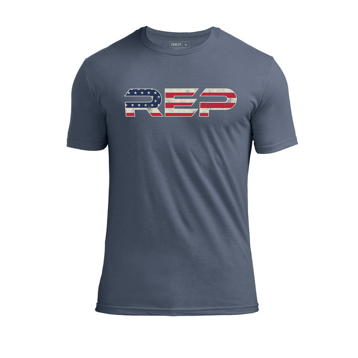 The REP Fitness Men's Daily Driver 2.0 USA Tri-Blend Crew T-Shirt in Heather Navy/White front