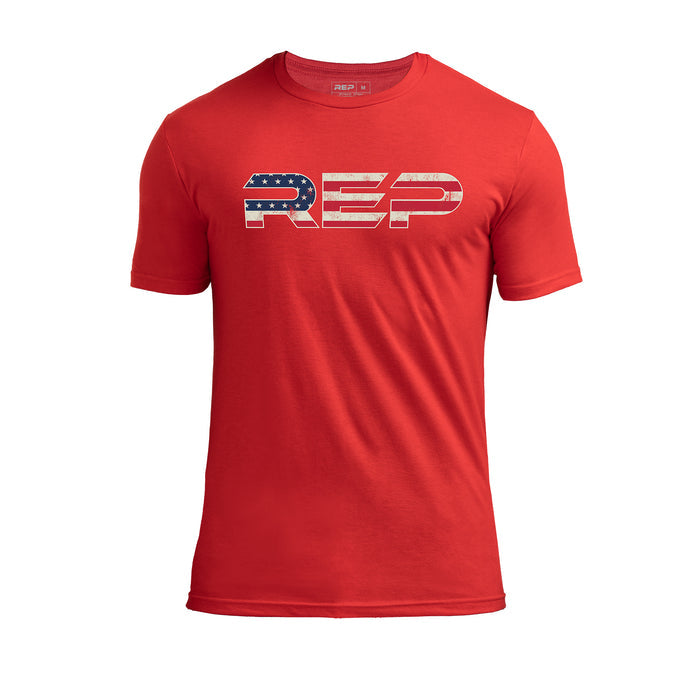 The REP Fitness Men's Daily Driver 2.0 USA Tri-Blend Crew T-Shirt in Heather Red/White front, flat lay