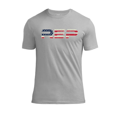 The REP Fitness Men's Daily Driver 2.0 USA Tri-Blend Crew T-Shirt in Heather Gray/White front, flat lay