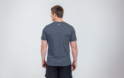 The REP Fitness Men's Daily Driver 2.0 USA Tri-Blend Crew T-Shirt in Heather Navy/White back, on model