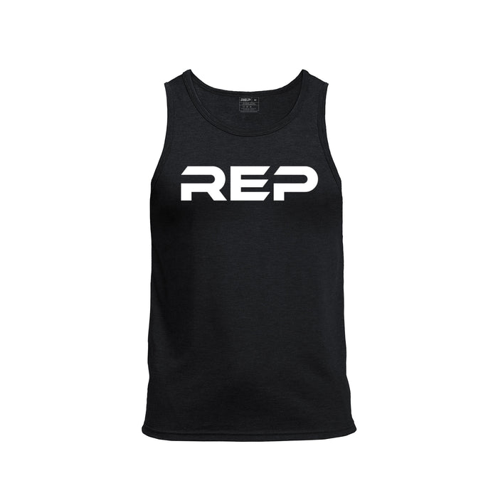 The REP Fitness Men's Daily Driver Tri-Blend Tank in Heather Black/White front