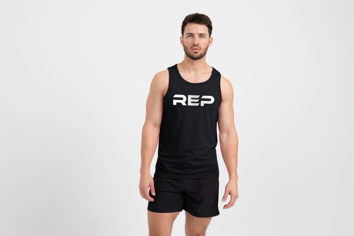 The REP Fitness Men's Daily Driver Tri-Blend Tank in Heather Black on body