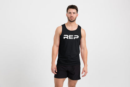The REP Fitness Men's Daily Driver Tri-Blend Tank in Heather Black on body