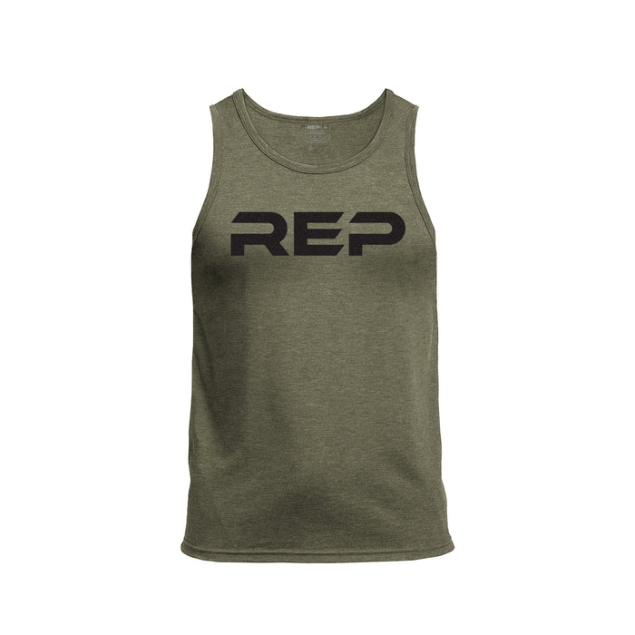 The REP Fitness Men's Daily Driver Tri-Blend Tank in Heather Olive/Blck front
