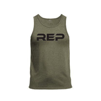 The REP Fitness Men's Daily Driver Tri-Blend Tank in Heather Olive/Blck front