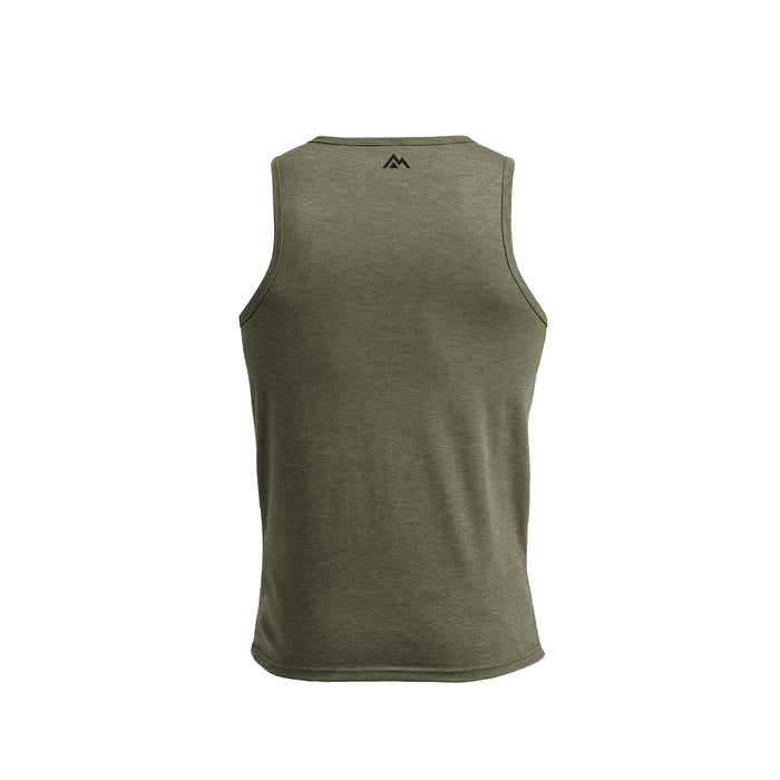 The REP Fitness Men's Daily Driver Tri-Blend Tank in Heather Olive/Black back