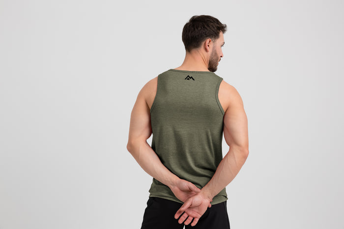 The REP Fitness Men's Daily Driver Tri-Blend Tank in Heather Olive/Black back, on model
