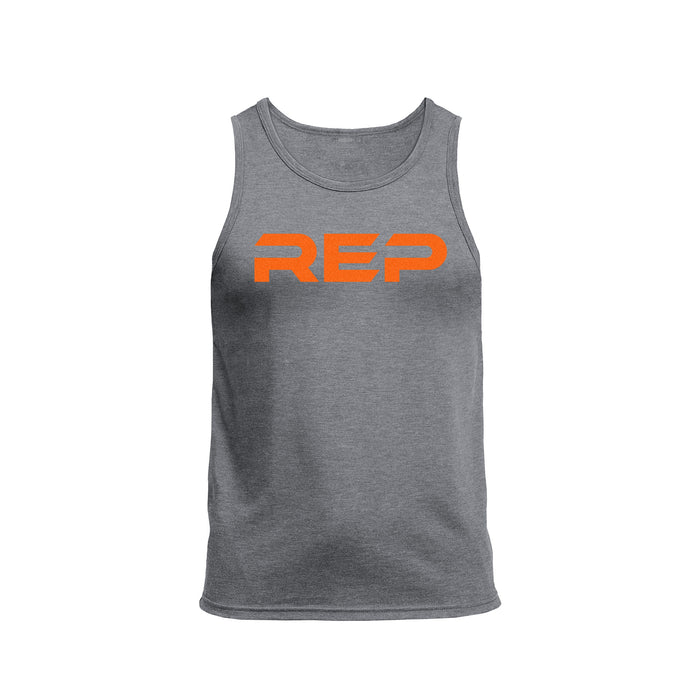 The REP Fitness Men's Daily Driver Tri-Blend Tank in Heather Aluminum/Orange front