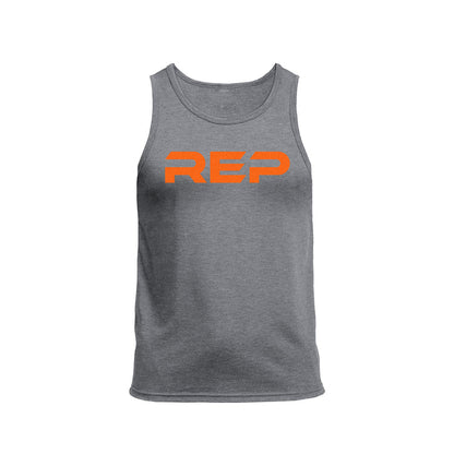 The REP Fitness Men's Daily Driver Tri-Blend Tank in Heather Aluminum/Orange front
