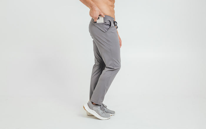 The REP Fitness Men's Felix Pants in Cool Gray on body, pocket detail