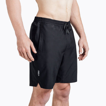 The REP Fitness Men's Motus Shorts in Black front, studio flat lay