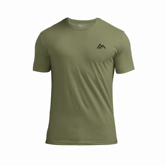 The REP Fitness Men's Peak Tri-Blend Crew T-Shirt in Heather Olive/Black front