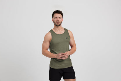 The REP Fitness Men's Peak Tri-Blend Tank in Heather Olive/Black front, arms crossed