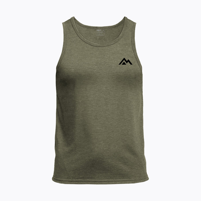 The REP Fitness Men's Peak Tri-Blend Tank in Heather Olive/Black front, flat lay