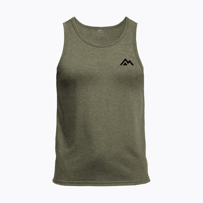 The REP Fitness Men's Peak Tri-Blend Tank in Heather Olive/Black front, flat lay