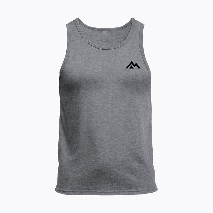 The REP Fitness Men's Peak Tri-Blend Tank in Heather Aluminum/Black front, flat lay